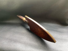 Load image into Gallery viewer, Hand dyed sunburst tan to brown Leather outer with Ostrich skin inlays and blue layers with a unique magnet securing mechanism. Fully handmade leather knife sheath which is completely hand stitched and hand finished to ensure the knife within is protected from the elements. We can design to our customer specifications to ensure you get a truly unique and bespoke item.www.leathercompositions.com