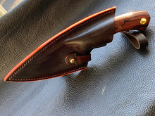 Load image into Gallery viewer, Wet molded leather which is hand dyed and hand finished to the highest standards. Handmade leather knife sheath which is fully hand stitched and hand finished to ensure the knife within is protected from the elements. We can design to our customer specifications to ensure you get a truly unique and bespoke item. www.leathercompositions.com