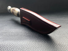Load image into Gallery viewer, Full English bridle leather with unique welt made from multiple layers of leather to give a unique look. Handmade leather knife sheath which is fully hand stitched and hand finished to ensure the knife within is protected from the elements. We can design to our customer specifications to ensure you get a truly unique and bespoke item. www.leathercompositions.com
