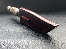 Load image into Gallery viewer, Full English bridle leather with unique welt made from multiple layers of leather to give a unique look. Handmade leather knife sheath which is fully hand stitched and hand finished to ensure the knife within is protected from the elements. We can design to our customer specifications to ensure you get a truly unique and bespoke item. www.leathercompositions.com