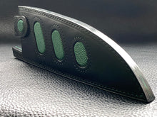 Load image into Gallery viewer, Black Lamport Leather outer and green stingray leather inserts, handmade leather knife sheath which is fully hand stitched and hand finished to ensure the knife within is protected from the elements. We can design to our customer specifications to ensure you get a truly unique and bespoke item.www.leathercompositions.com