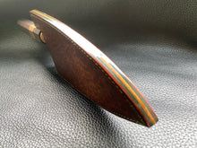 Load image into Gallery viewer, Hand dyed sunburst tan to brown Leather outer with Ostrich skin inlays and blue layers with a unique magnet securing mechanism. Fully handmade leather knife sheath which is completely hand stitched and hand finished to ensure the knife within is protected from the elements. We can design to our customer specifications to ensure you get a truly unique and bespoke item.www.leathercompositions.com
