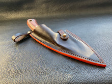 Load image into Gallery viewer, Wet molded leather which is hand dyed and hand finished to the highest standards. Handmade leather knife sheath which is fully hand stitched and hand finished to ensure the knife within is protected from the elements. We can design to our customer specifications to ensure you get a truly unique and bespoke item. www.leathercompositions.com
