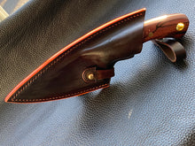 Load image into Gallery viewer, Wet molded leather which is hand dyed and hand finished to the highest standards. Handmade leather knife sheath which is fully hand stitched and hand finished to ensure the knife within is protected from the elements. We can design to our customer specifications to ensure you get a truly unique and bespoke item. www.leathercompositions.com
