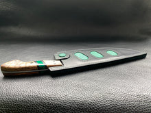 Load image into Gallery viewer, Black Lamport Leather outer and green stingray leather inserts, handmade leather knife sheath which is fully hand stitched and hand finished to ensure the knife within is protected from the elements. We can design to our customer specifications to ensure you get a truly unique and bespoke item.www.leathercompositions.com
