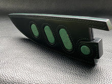 Load image into Gallery viewer, Black Lamport Leather outer and green stingray leather inserts, handmade leather knife sheath which is fully hand stitched and hand finished to ensure the knife within is protected from the elements. We can design to our customer specifications to ensure you get a truly unique and bespoke item.www.leathercompositions.com
