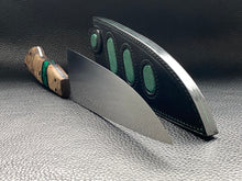 Load image into Gallery viewer, Black Lamport Leather outer and green stingray leather inserts, handmade leather knife sheath which is fully hand stitched and hand finished to ensure the knife within is protected from the elements. We can design to our customer specifications to ensure you get a truly unique and bespoke item.www.leathercompositions.com
